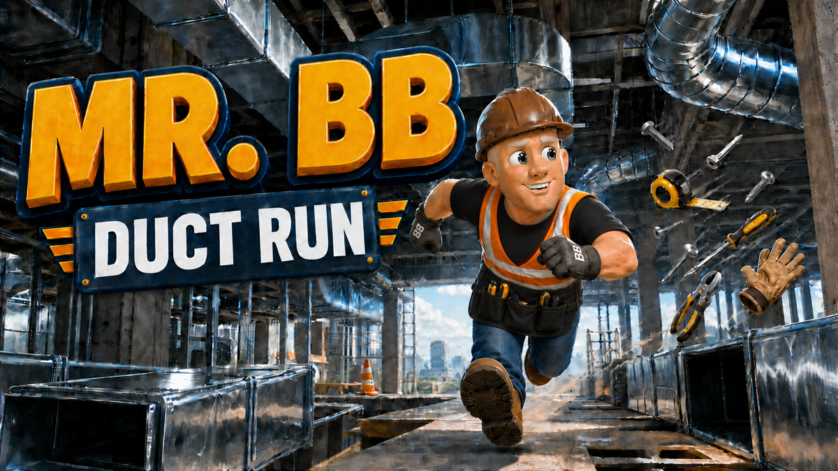 Mr. BB rushing through an HVAC jobsite while screws and tools scatter behind him